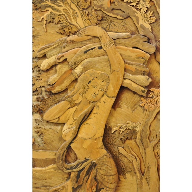 Vintage Large 60" Anglo Indian High Relief Carved Wood Thai Woman Art Plaque For Sale - Image 4 of 17