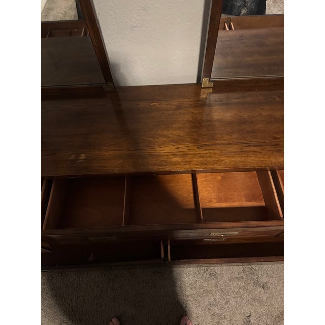 Brown 1960s Henredon Campaign Style Bedroom Dresser W/Mirrors For Sale - Image 8 of 16