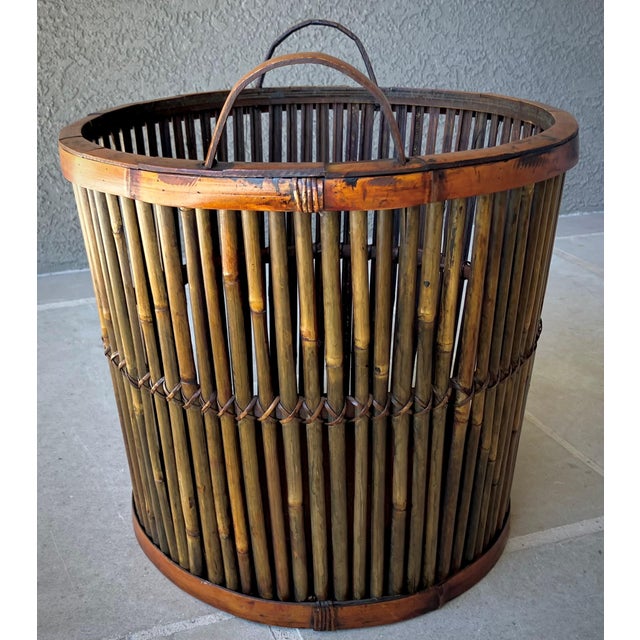 Mid 20th-Century Split Bamboo Tortoiseshell Planter Floor Basket With Ear Handles For Sale - Image 14 of 18