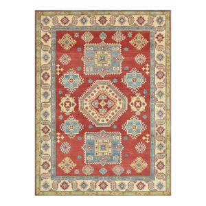 Kazak Rug 5'8'' X 7'9'' Red Wool Geometric Hand-Knotted Oriental Carpet