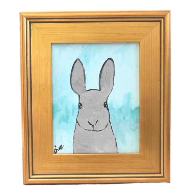 2020s Folk Art Bunny Rabbit Hare Oil Painting Including the Antiqued Gold Wood Frame For Sale - Image 5 of 5