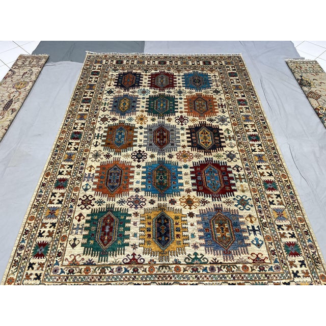 Ivory & Blue Afghan Sultani Natural Dye Wool Rug, Tribal Geometric ...
