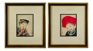Antique Japanese Asian Women Portrait Etching Print Signed, a Pair