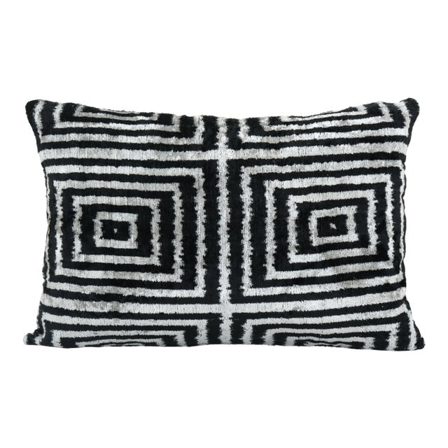 Boho Chic Black Silk Velvet Ikat Pillow Cover For Sale