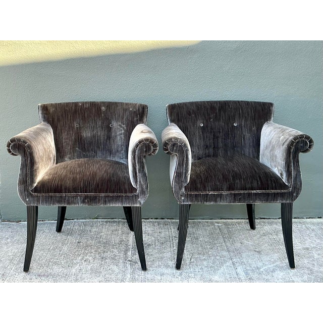 Exude Mid-Century glamour with this striking pair of roll-arm club chairs, designed in the sophisticated manner of Tommi...