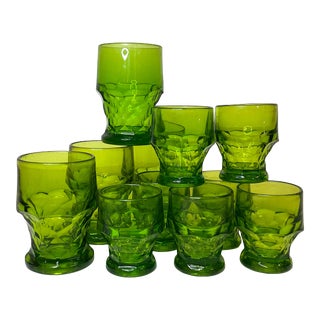 1960s Lime Green Anchor Hocking Chiseled Pedestal Base Glasses - Set of 11 For Sale