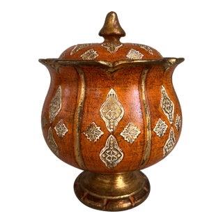 Vintage Italian Florentine Orange and Gold Painted Footed Candy Dish or Compote With Lid For Sale