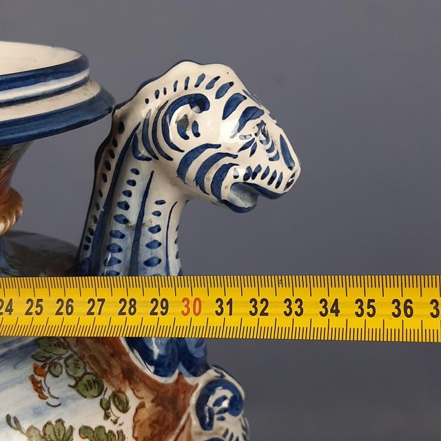 Large Vintage Historiated Polychrome Majolica Vase with Zoomorphic Handles from Albissola, 20th Century For Sale - Image 12 of 14