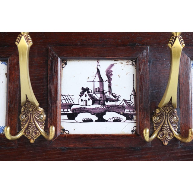 Antique Dutch Renaissance Revival Delft Blue Tiles Brass Coat Rack, 1890 For Sale - Image 4 of 10