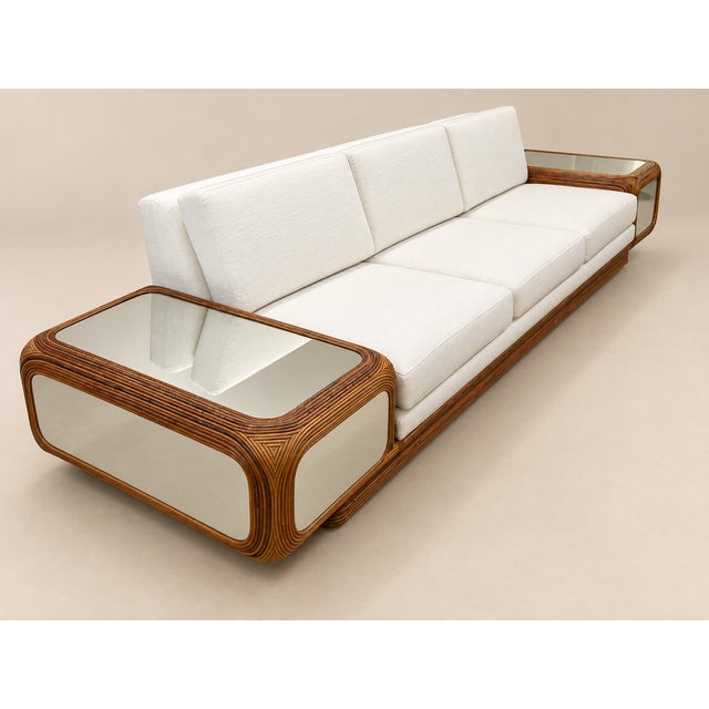 1970s Large Designer Sofa With Floating Side Tables, Split Pencil Reed For Sale - Image 9 of 13