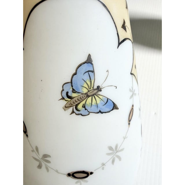Matching Pair of Antique Bristol Glass Vases With Hand Painted Flowers & Butterflies For Sale - Image 11 of 17