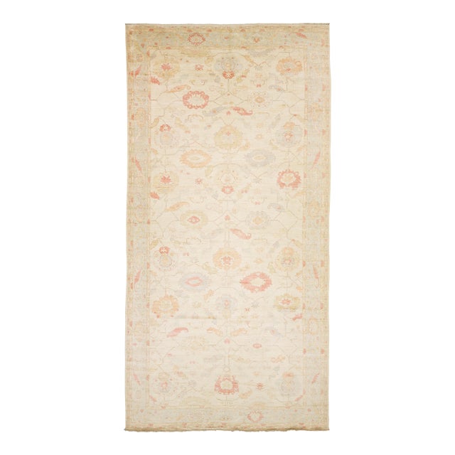Modern Oushak Style Hand-Knotted Wool Rug Muted Pastel Floral Transitional 12x24 For Sale