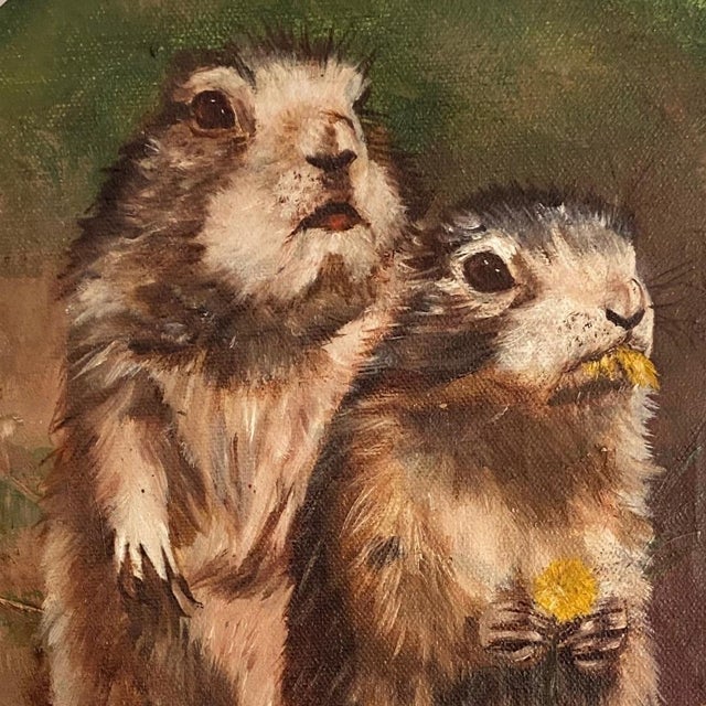 Vintage oval original oil Painting family portrait of Prairie Dogs, one eating a dandelion. 11 x 14 in Adorable. By artist...