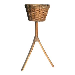 Hand Woven Rattan Basket Planter on Tripod Stand
