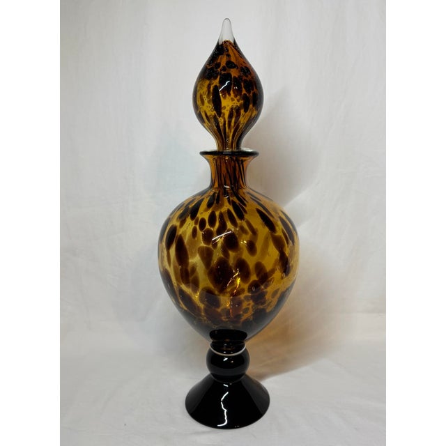 Brown Late 20th Century Large 21” Tortoise Shell Pattern Glass Pedestal Jar With Teardrop Stopper For Sale - Image 8 of 9