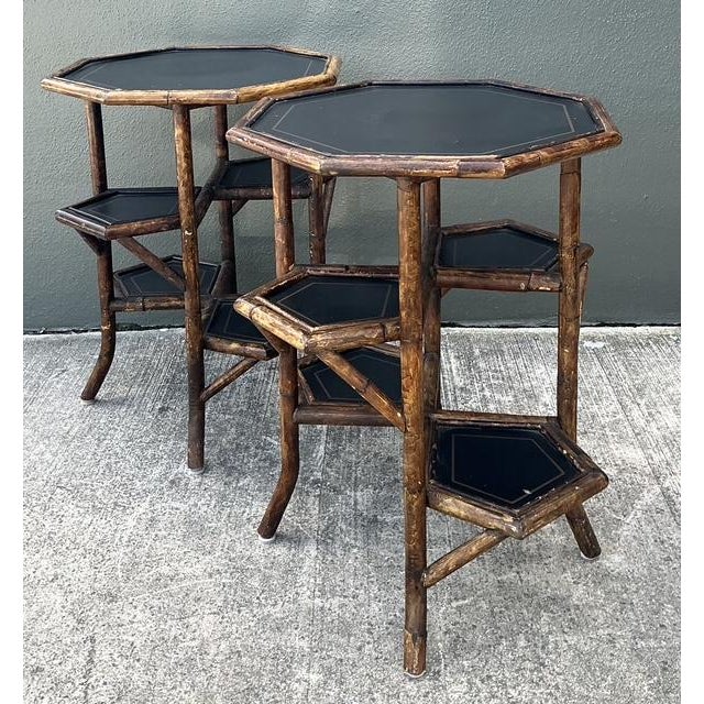 Brown Vintage Octagon Burnt Bamboo Side Tables - A Pair For Sale - Image 8 of 12