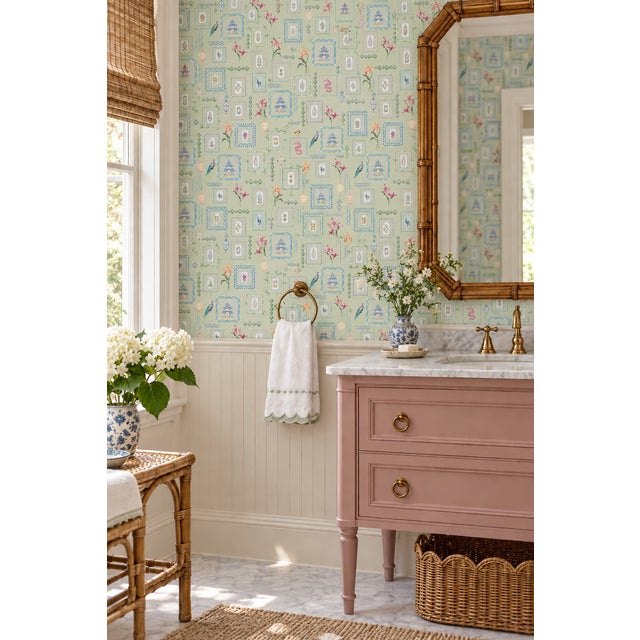 Chinoiserie Mahjong Tile Grasscloth Wallpaper by House Party | Green Dragon | 8 Yards For Sale - Image 3 of 11
