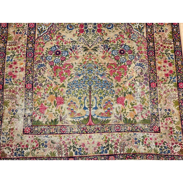 Ivory Antique Persian Kerman Lavar, Handwoven Tree of Life Pattern, Ivory & Turquoise, 5’ X 8’ For Sale - Image 8 of 12