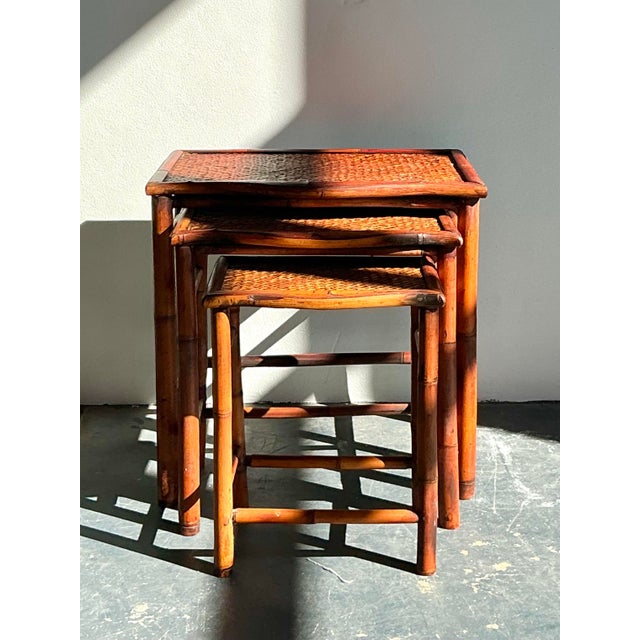 Brown Vintage Boho Woven Rattan Nesting Tables - Set of 3 For Sale - Image 8 of 12