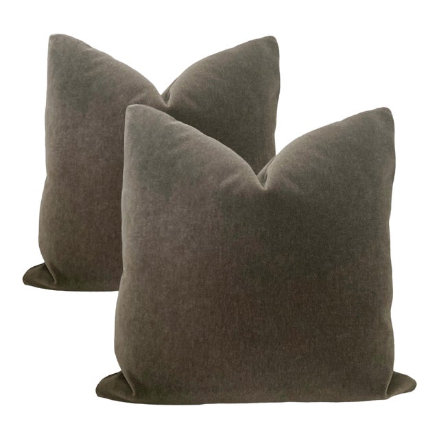 Plush 24" Antique Pewter Down Filled Mohair Pillows - A Pair For Sale