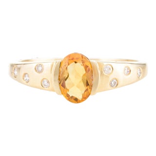 14k Yellow Gold Oval Citrine Chunky Pave Diamond Ring Size 7 For Sale