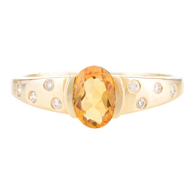 14k Yellow Gold Oval Citrine Chunky Pave Diamond Ring Size 7 For Sale