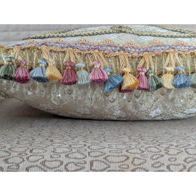 Cream Custom Scalamandre Silk Pillows With Weave Applique and Tasseled and Beaded Crystal Fringe For Sale - Image 8 of 11
