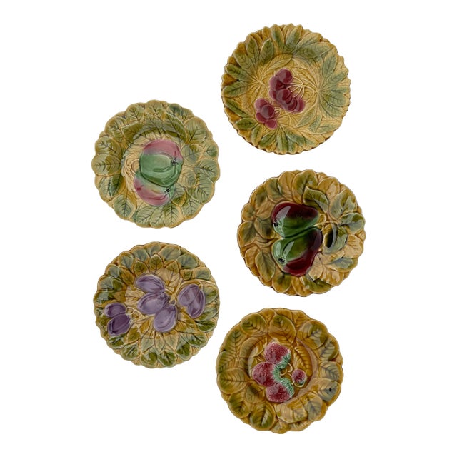 Antique French Majolica Embossed Fruit Plates- Set of 5 For Sale