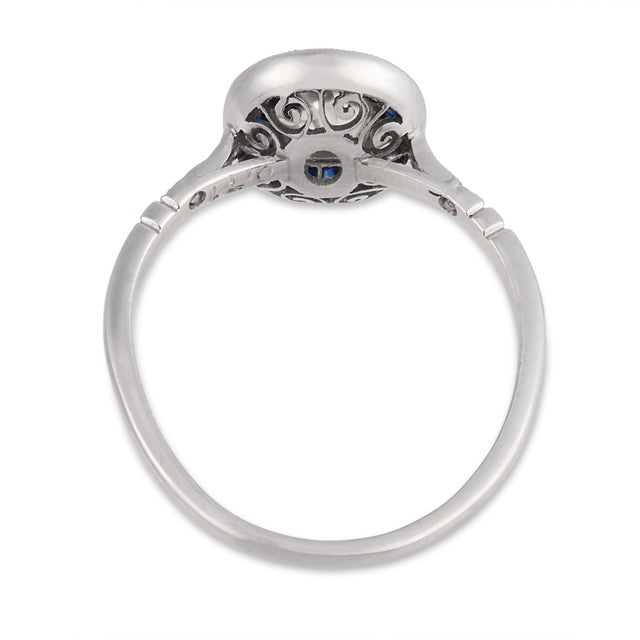 Art Deco Style Diamond Sapphire Platinum Target Engagement Ring, Size 6 For Sale In Los Angeles - Image 6 of 6