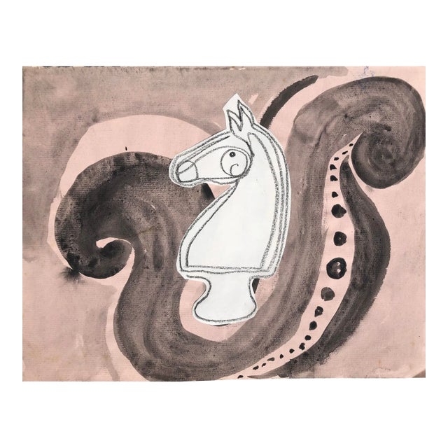 Contemporary Artwork “White Knight on Pink Field” Collage and Ink on Paper For Sale