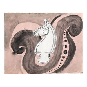 Contemporary Artwork “White Knight on Pink Field” Collage and Ink on Paper