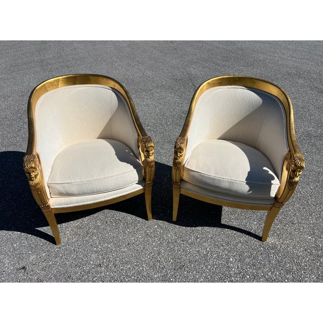 1950s Companion Pair Louis XVI Style Gold Gilt Upholstered Arm Chairs For Sale - Image 4 of 17