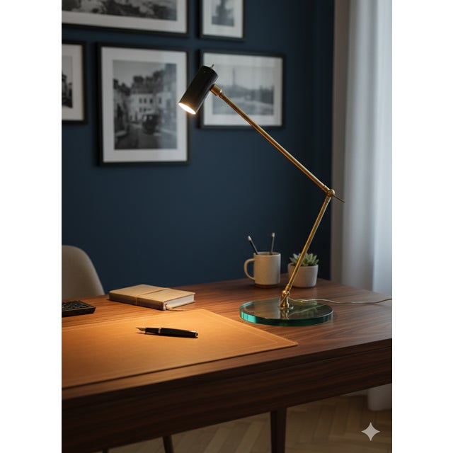 The brass arm with exposed joints allows for height and angle adjustment, typical of task lamps of the era. The glass base...