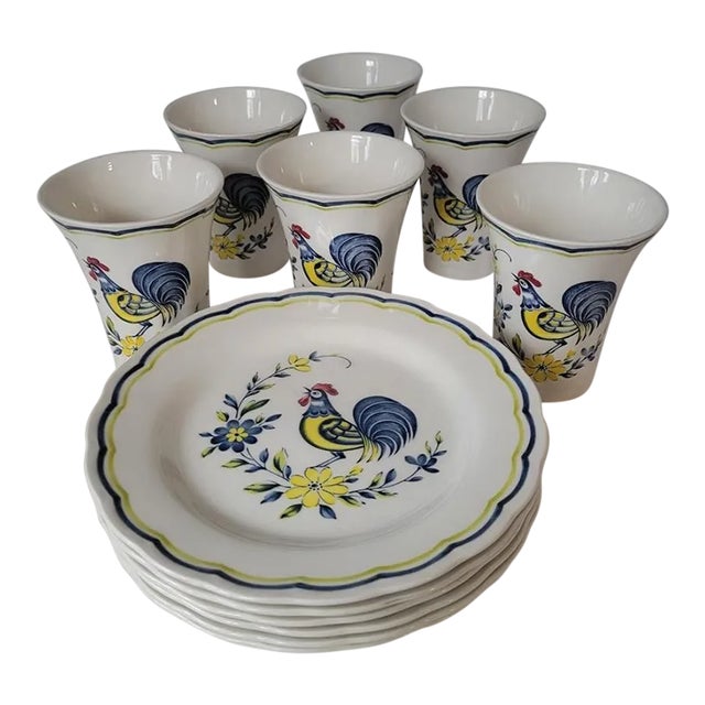 1980s Nikko Rooster Ironstone Breakfast or Luncheon Dish Set– 12 Pieces For Sale