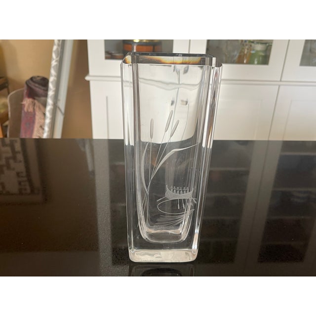 1960s Mid Century Swedish Clear Glass Tall Vase by Skruf Etched & Signed - 10"h For Sale - Image 5 of 8