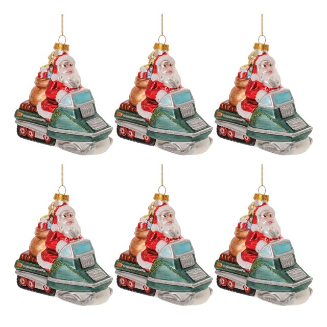 Contemporary Glass Snowmobile Santa Ornament (Set of 6) For Sale - Image 3 of 3
