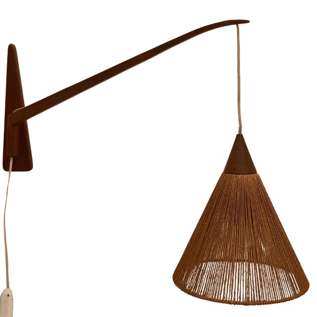 1960s Teak Sisal and Brass Arc Swing Wall Lamps attributed to Temde, Switzerland, 1960s, Set of 2 For Sale - Image 5 of 18
