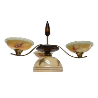 Art Deco Danish Brass Chandelier with Marbled Opaline Shades, 1930s. For Sale