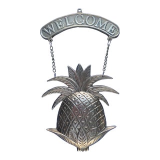Vintage Brass Pineapple Welcome Plaque For Sale