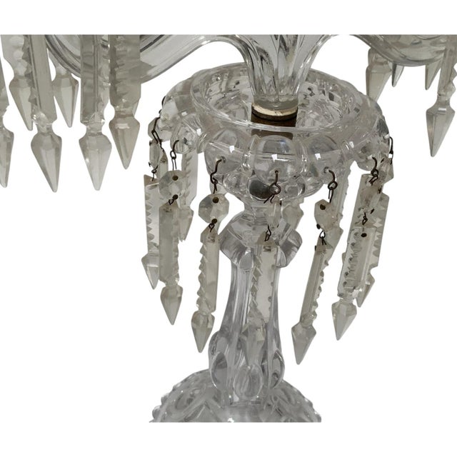 American Vintage Pair 14" Modular Crystal 3-Light Candelabras Threaded European Lead Crystal Complete With Prisms For Sale - Image 3 of 12