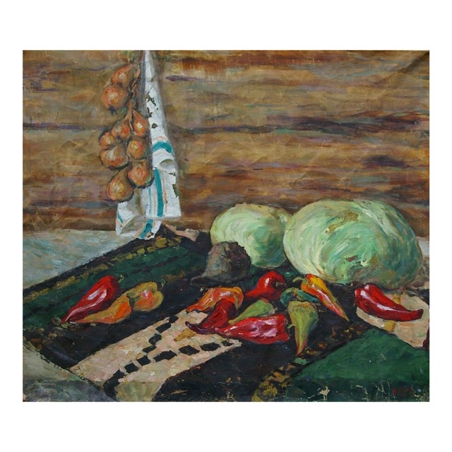 Still Life With Food Antique Oil Painting Original Soviet Art Ukrainian Artist 1971 89-109 For Sale
