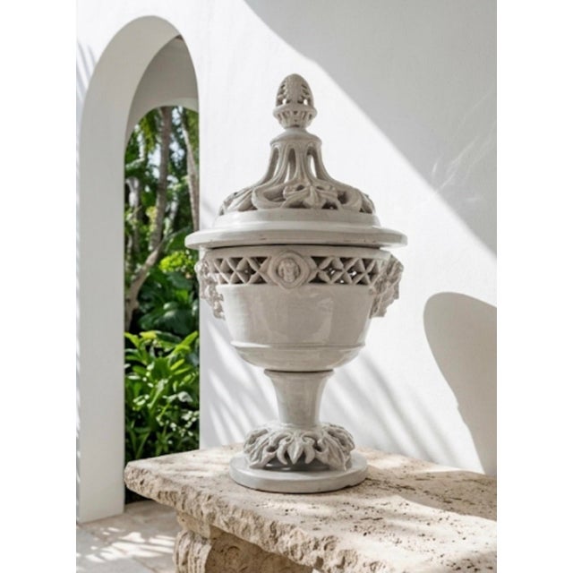 Large Mid-Century Italian White Glazed Ceramic Covered Urn With Cherub Medallions For Sale In West Palm - Image 6 of 11