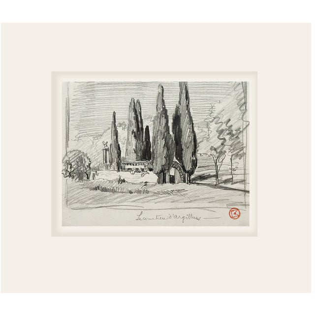 Early 20th Century Small Antique Charcoal Landscape Drawing of "Cemetiere D'Argilliers" With Mat. Signed by French Artist Maurice De Lambert. For Sale