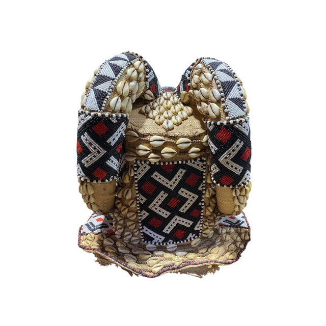 1980s Vintage Large African Tribal Beaded Kuba Royal Head Mask Congo 14" H For Sale - Image 5 of 9