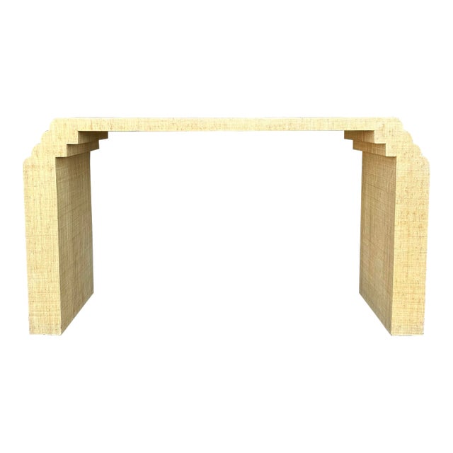 Post Modern Grass Cloth Sofa Console Table For Sale
