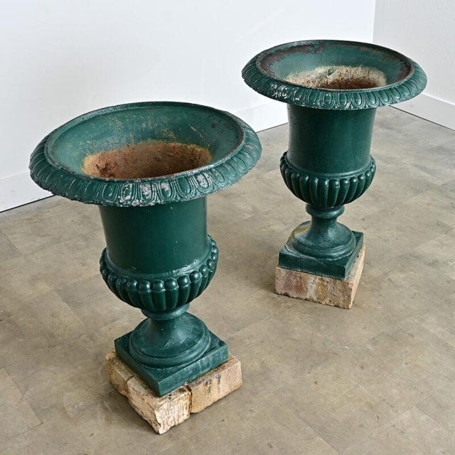 19th Century French 19th Century Pair of Cast Iron Urns on Stone Bases For Sale - Image 5 of 7