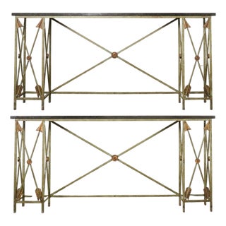 Pair of Maison Jansen Style Neoclassical Iron Granite Consoles For Sale