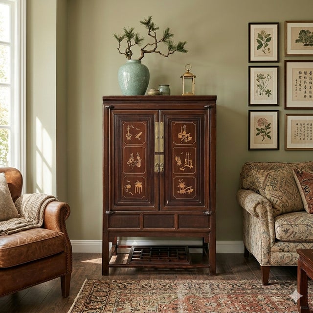 Chinese Vintage Boxwood Flower Inset Motif Accent Storage Cabinet For Sale In San Francisco - Image 6 of 8