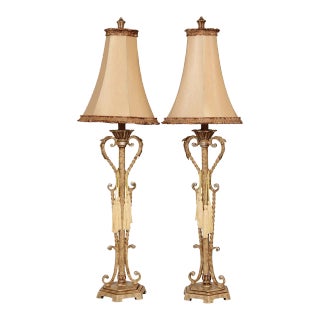 Distressed Painted Finish Pair Wrought Iron Table Lamps For Sale