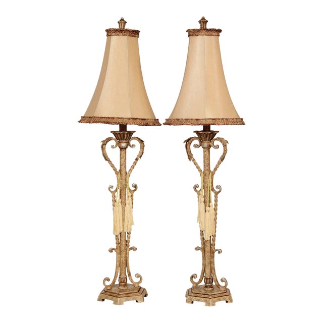 Distressed Painted Finish Pair Wrought Iron Table Lamps For Sale